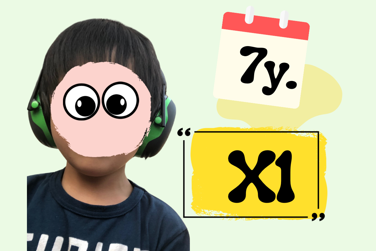 7歳のGeneがグリーンのイヤーマフを着用 / Gene wearing green earmuffs at age 7 (X1)