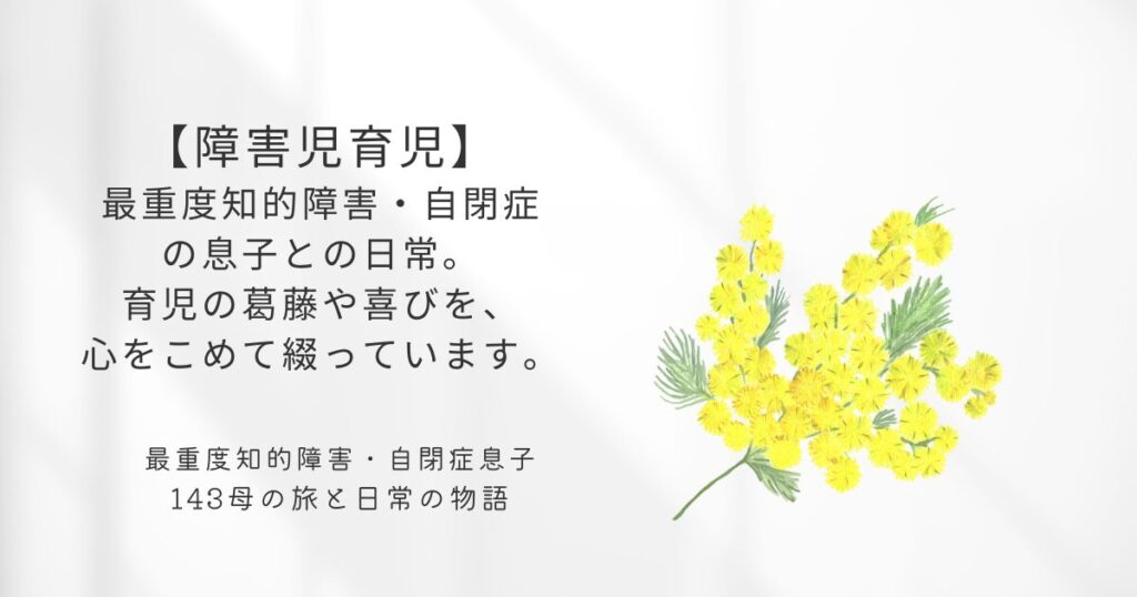 ミモザの花と障害児育児のカテゴリ紹介テキスト画像。「最重度知的障害・自閉症の息子との日常。育児の葛藤や喜びを、心をこめて綴っています。」
