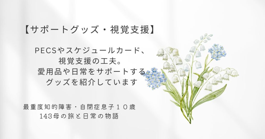 スズランの花と生活サポートのカテゴリ紹介テキスト画像。PECSやスケジュールカードといった視覚支援の工夫に加え、Tinyの愛用品や日常をサポートするグッズを紹介しています。This category features both visual support tools like PECS and schedules, as well as helpful items from Tiny’s favorite picks that support everyday life with Gene.