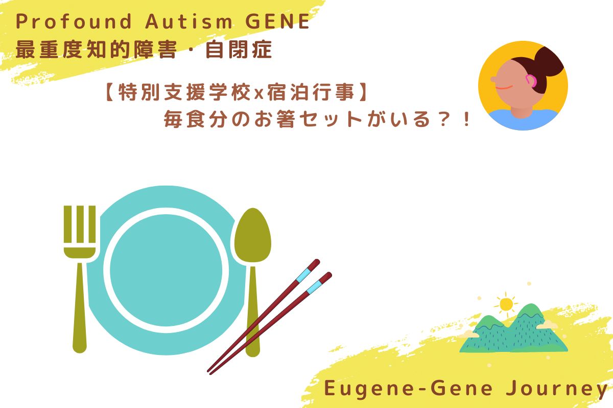 中等度〜最重度知的障害・自閉症の子どもの宿泊学習準備。毎食分のお箸セットや服装、持ち物管理の工夫を描いた実体験ブログのアイキャッチ。 Packing and prepping for an overnight school trip with a child who has profound autism and severe intellectual disability. Including chopsticks, clothing, and visual organization.